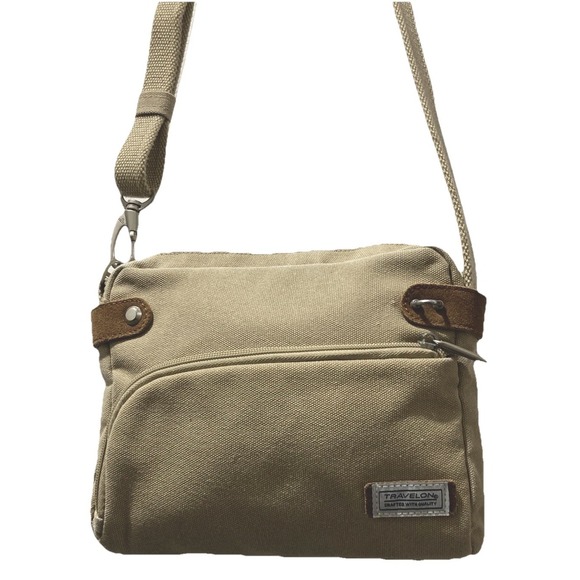 Travelon Handbags - Travelon Heritage Crossbody/Shoulder Bag Tan Canvas Anti Theft Leather Accents